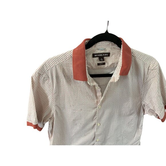 Michael Kors Womens iz Medium Short Sleeve Button Up Shirt Top Rust White Slim F - Picture 2 of 3